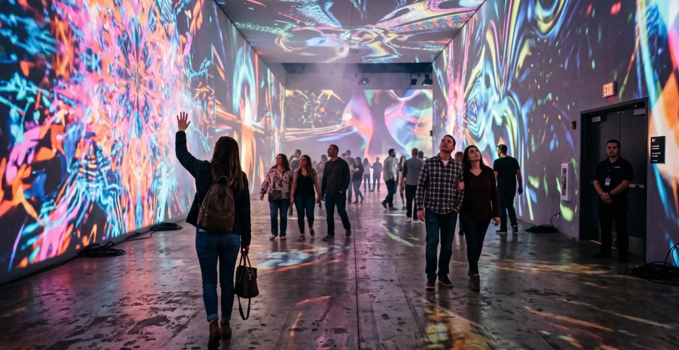 Des visiteurs traversent une salle de projection immersive dont les murs et le plafond sont couverts d'images colorées en mouvement.