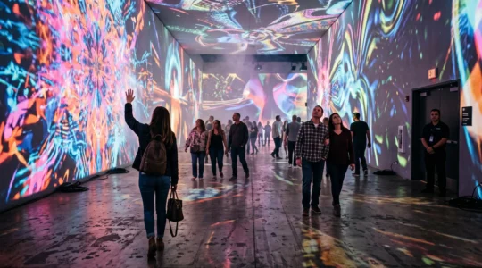 Des visiteurs traversent une salle de projection immersive dont les murs et le plafond sont couverts d'images colorées en mouvement.