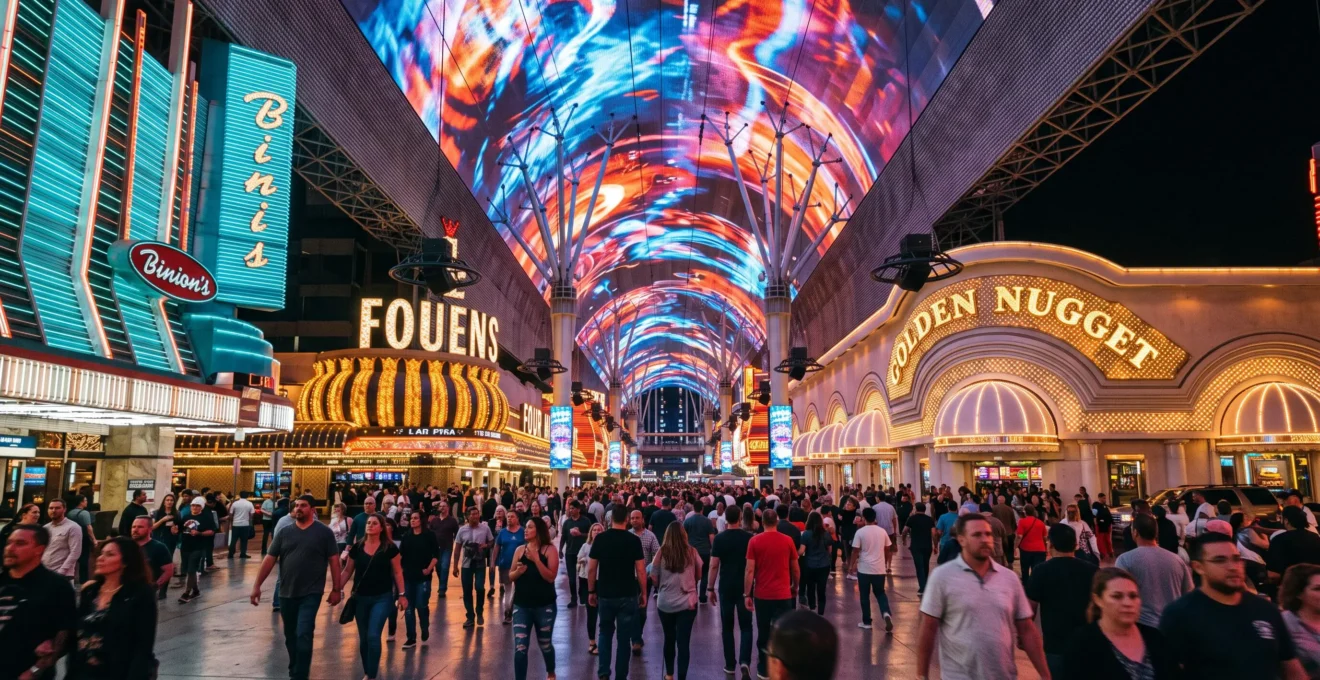 La foule regarde les projections colorées de la voûte lumineuse de Fremont Street la nuit à Las Vegas.