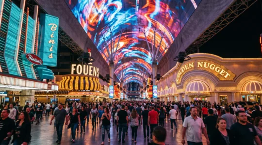 La foule regarde les projections colorées de la voûte lumineuse de Fremont Street la nuit à Las Vegas.