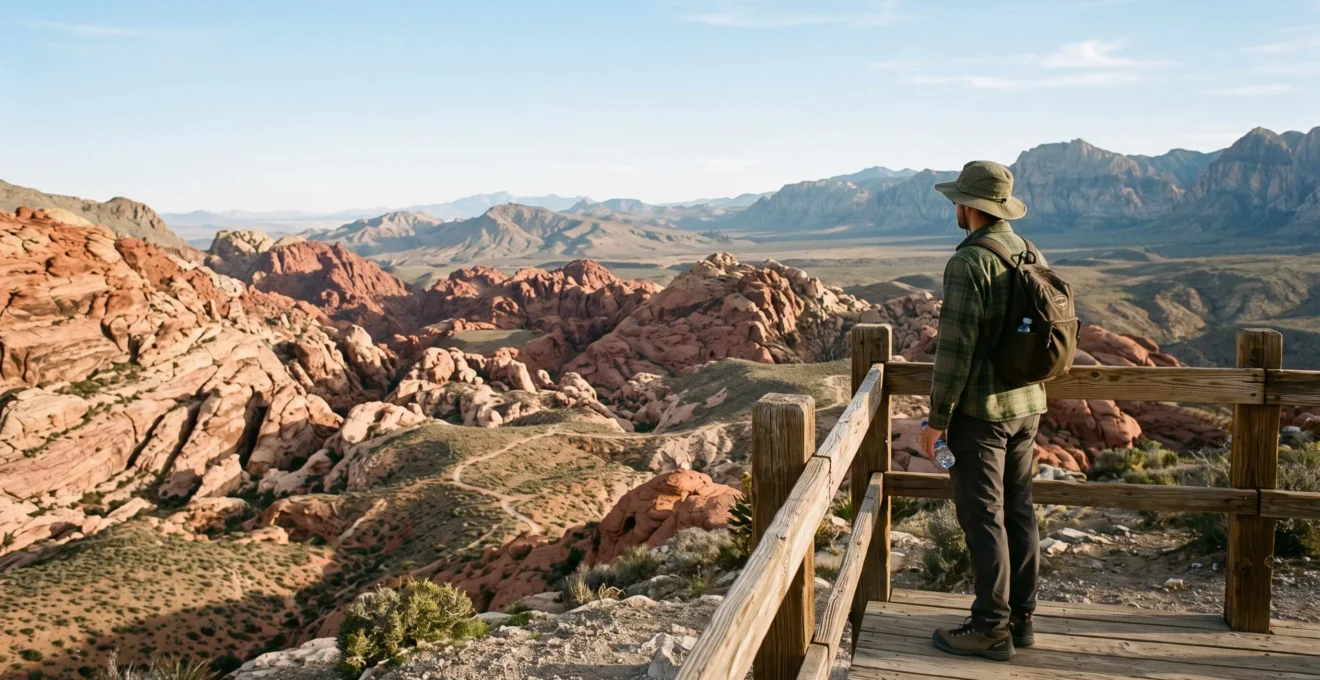 Un voyageur à la casquette observe depuis un belvédère un paysage de roches rouges et de canyons érodés près de Las Vegas.