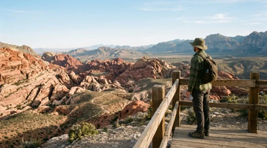Un voyageur à la casquette observe depuis un belvédère un paysage de roches rouges et de canyons érodés près de Las Vegas.