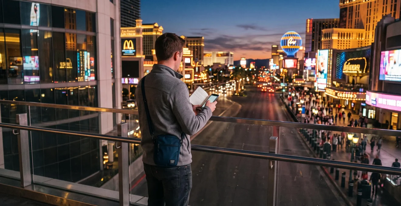 Un voyageur se tient sur une passerelle piétonne au-dessus du Strip de Las Vegas au crépuscule, consultant un carnet et son téléphone face aux hôtels illuminés.