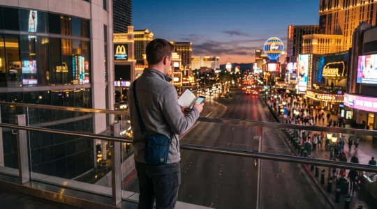 Un voyageur se tient sur une passerelle piétonne au-dessus du Strip de Las Vegas au crépuscule, consultant un carnet et son téléphone face aux hôtels illuminés.