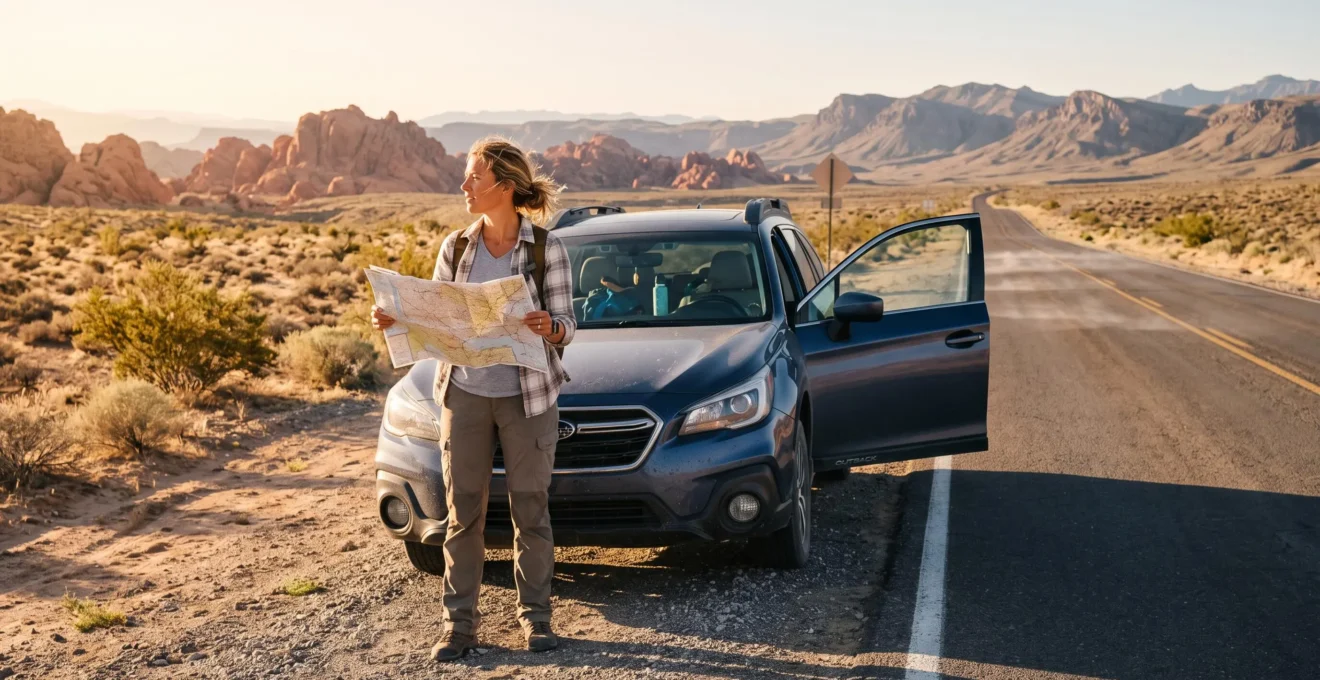 Un voyageur consulte une carte routière à côté de sa voiture garée sur le bord d'une route désertique au lever du soleil, avant une excursion à la journée depuis Las Vegas.