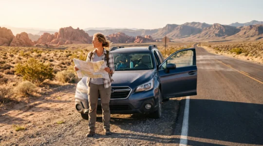 Un voyageur consulte une carte routière à côté de sa voiture garée sur le bord d'une route désertique au lever du soleil, avant une excursion à la journée depuis Las Vegas.