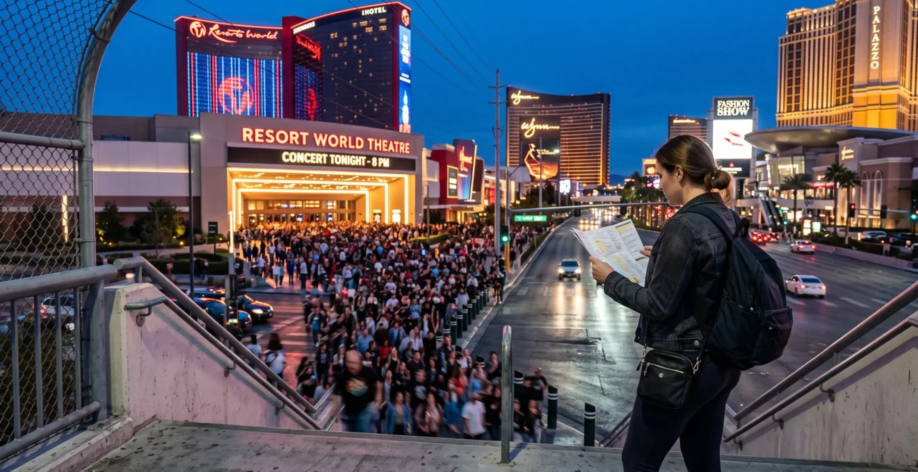 Un voyageur consulte son itinéraire sur le Strip de Las Vegas au crépuscule tandis qu'une foule se dirige vers l'entrée d'une salle de spectacle.