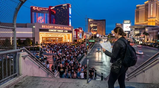 Un voyageur consulte son itinéraire sur le Strip de Las Vegas au crépuscule tandis qu'une foule se dirige vers l'entrée d'une salle de spectacle.