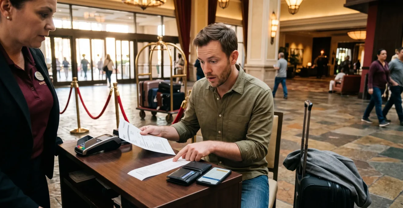 Un voyageur examine une facture détaillée à la réception d'un grand complexe hôtelier, sa réservation imprimée et son téléphone posés sur le comptoir.