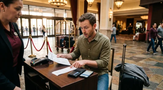 Un voyageur examine une facture détaillée à la réception d'un grand complexe hôtelier, sa réservation imprimée et son téléphone posés sur le comptoir.